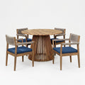 5-Piece Outdoor Patio Dining Table Set with Rope Armchairs & Navy Cushions, Light Teak+Beige