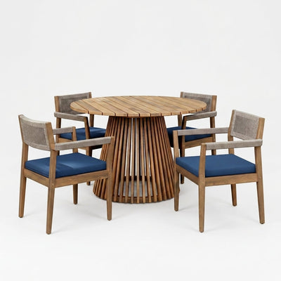 5-Piece Outdoor Patio Dining Table Set with Rope Armchairs & Navy Cushions, Light Teak+Beige
