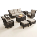 7 Piece Outdoor Patio Furniture Set, Patio Furniture Set with Fire Pit Table Rattan Wicker Patio Furniture Set, Brown Wicker & Beige Cushion