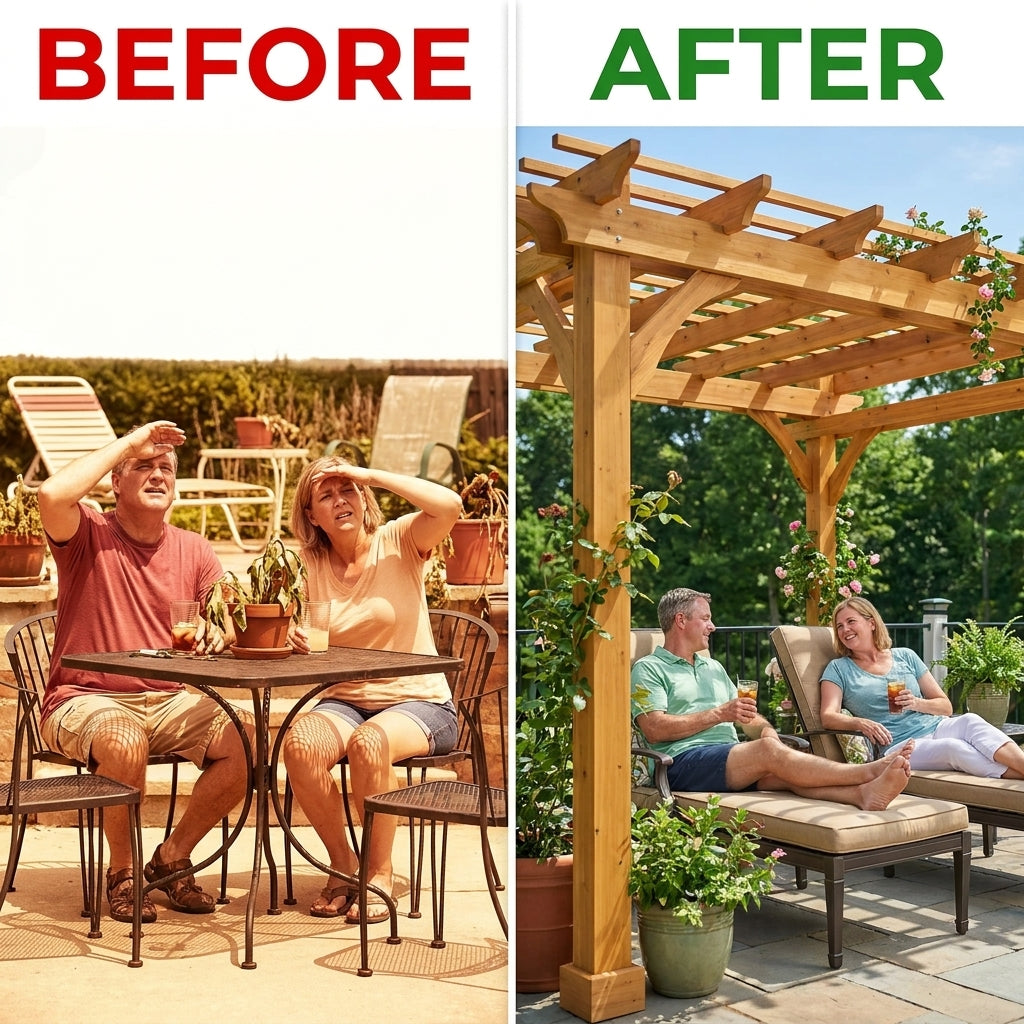 10 Ft. X 10 Ft. Traditional All Cedar Wood Outdoor Patio Pergola Shade Structure — Before & After