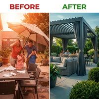 12X20 Louvered Pergola,Dark Grey Aluminum Frame with Adjustable Rainproof Roof, Featuring Waterproof Curtains and Nets — Before & After