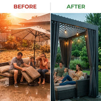 12X20 Louvered Pergola,Dark Grey Aluminum Frame with Adjustable Rainproof Roof, Featuring Waterproof Curtains and Nets — Before & After