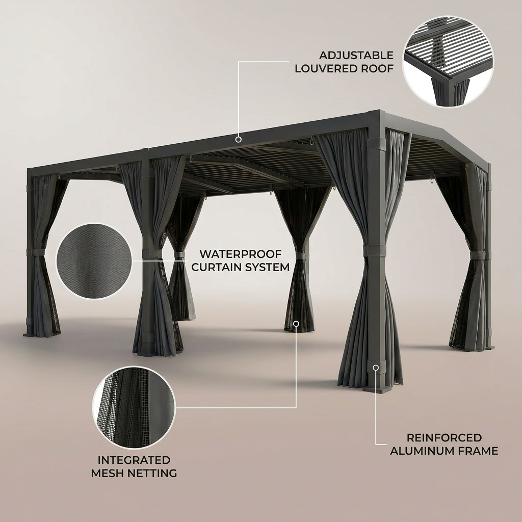 12X20 Louvered Pergola,Dark Grey Aluminum Frame with Adjustable Rainproof Roof, Featuring Waterproof Curtains and Nets — infographic
