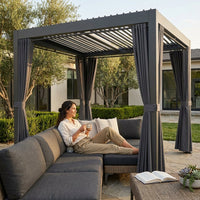 12X20 Louvered Pergola,Dark Grey Aluminum Frame with Adjustable Rainproof Roof, Featuring Waterproof Curtains and Nets — Lifestyle
