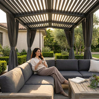 12X20 Louvered Pergola,Dark Grey Aluminum Frame with Adjustable Rainproof Roof, Featuring Waterproof Curtains and Nets — Lifestyle