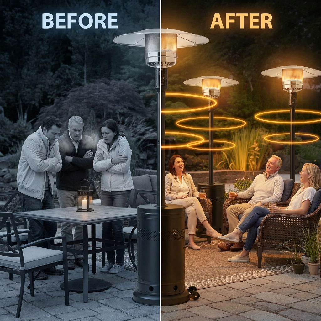(3 Pack)  48,000 BTU Freestanding Metal Propane Patio Heater, Black — Before & After