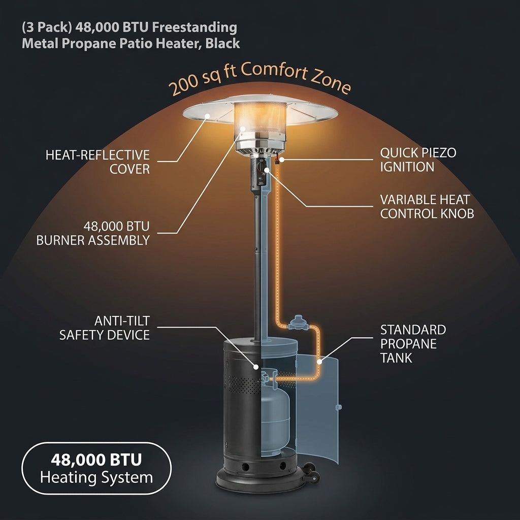 (3 Pack)  48,000 BTU Freestanding Metal Propane Patio Heater, Black — How It Works
