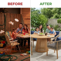 5-Piece Outdoor Patio Dining Table Set with Rope Armchairs & Navy Cushions, Light Teak+Beige — Before & After