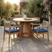 5-Piece Outdoor Patio Dining Table Set with Rope Armchairs & Navy Cushions, Light Teak+Beige — Studio Shot