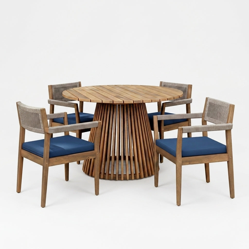 5-Piece Outdoor Patio Dining Table Set with Rope Armchairs & Navy Cushions, Light Teak+Beige — Studio Shot