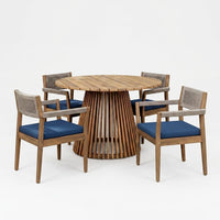5-Piece Outdoor Patio Dining Table Set with Rope Armchairs & Navy Cushions, Light Teak+Beige — Studio Shot