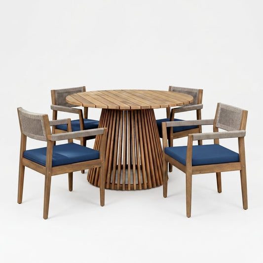 5-Piece Outdoor Patio Dining Table Set with Rope Armchairs & Navy Cushions, Light Teak+Beige — Studio Shot