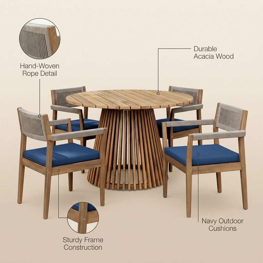 5-Piece Outdoor Patio Dining Table Set with Rope Armchairs & Navy Cushions, Light Teak+Beige — infographic