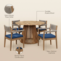 5-Piece Outdoor Patio Dining Table Set with Rope Armchairs & Navy Cushions, Light Teak+Beige — infographic