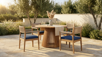 5-Piece Outdoor Patio Dining Table Set with Rope Armchairs & Navy Cushions, Light Teak+Beige — Lifestyle