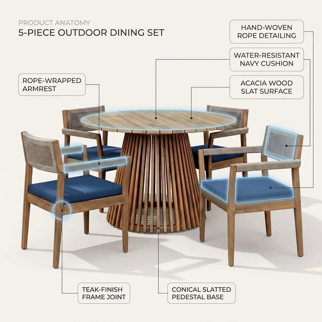 5-Piece Outdoor Patio Dining Table Set with Rope Armchairs & Navy Cushions, Light Teak+Beige — How It Works