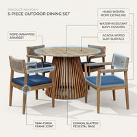 5-Piece Outdoor Patio Dining Table Set with Rope Armchairs & Navy Cushions, Light Teak+Beige — How It Works