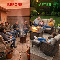 7 Piece Outdoor Patio Furniture Set, Patio Furniture Set with Fire Pit Table Rattan Wicker Patio Furniture Set, Brown Wicker & Beige Cushion — Before & After