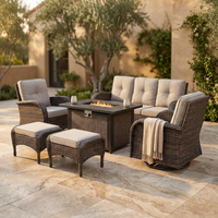 7 Piece Outdoor Patio Furniture Set, Patio Furniture Set with Fire Pit Table Rattan Wicker Patio Furniture Set, Brown Wicker & Beige Cushion — Studio Shot