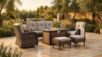7 Piece Outdoor Patio Furniture Set, Patio Furniture Set with Fire Pit Table Rattan Wicker Patio Furniture Set, Brown Wicker & Beige Cushion — Lifestyle