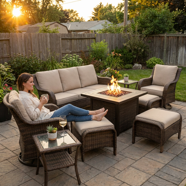 7 Piece Outdoor Patio Furniture Set, Patio Furniture Set with Fire Pit Table Rattan Wicker Patio Furniture Set, Brown Wicker & Beige Cushion