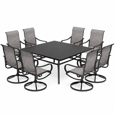 Black 9-Piece Metal Patio Outdoor Dining Set with Slat Square Table and Textilene Swivel Chairs