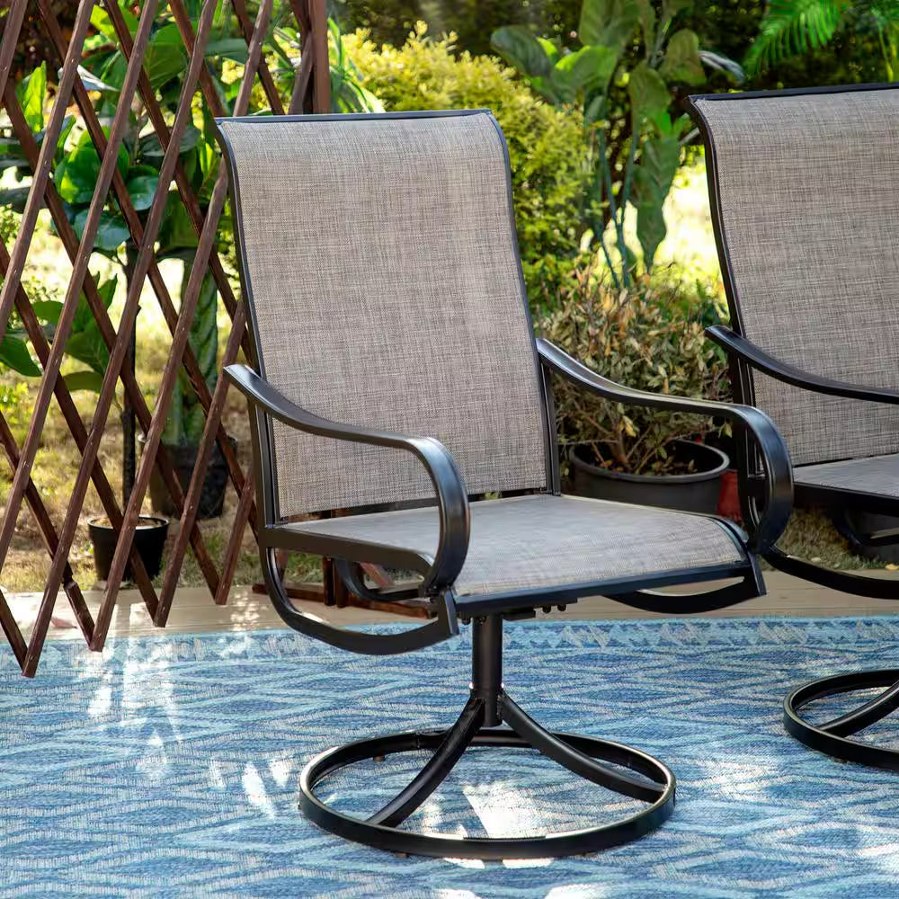 Black 9-Piece Metal Patio Outdoor Dining Set with Slat Square Table and Textilene Swivel Chairs