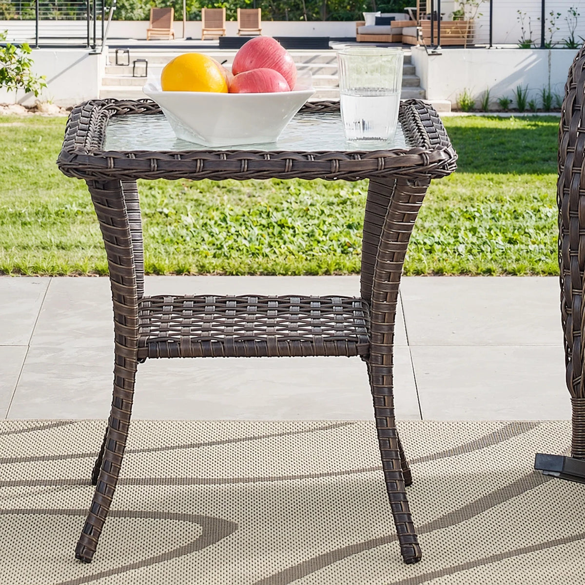 7 Piece Outdoor Patio Furniture Set, Patio Furniture Set with Fire Pit Table Rattan Wicker Patio Furniture Set, Brown Wicker & Beige Cushion